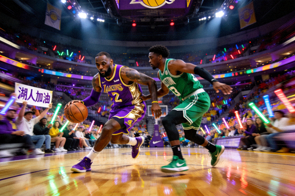 NBA篮球比赛现场，洛杉矶湖人队球员正在突破波士顿凯尔特人队防守，球馆内观众气氛热烈